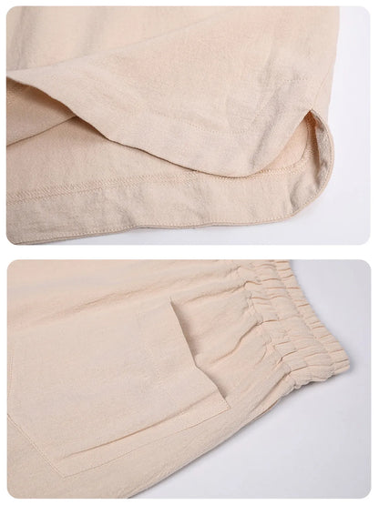 Solid Color Cotton And Linen Three-Quarter Elastic Waist Shorts