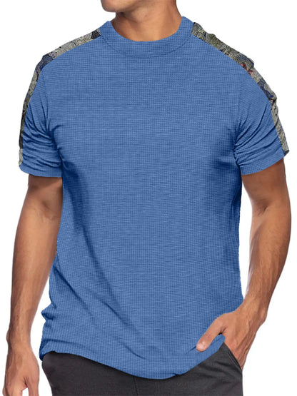 Solid Color Waffle Round Neck Patchwork Short Sleeve T-Shirt