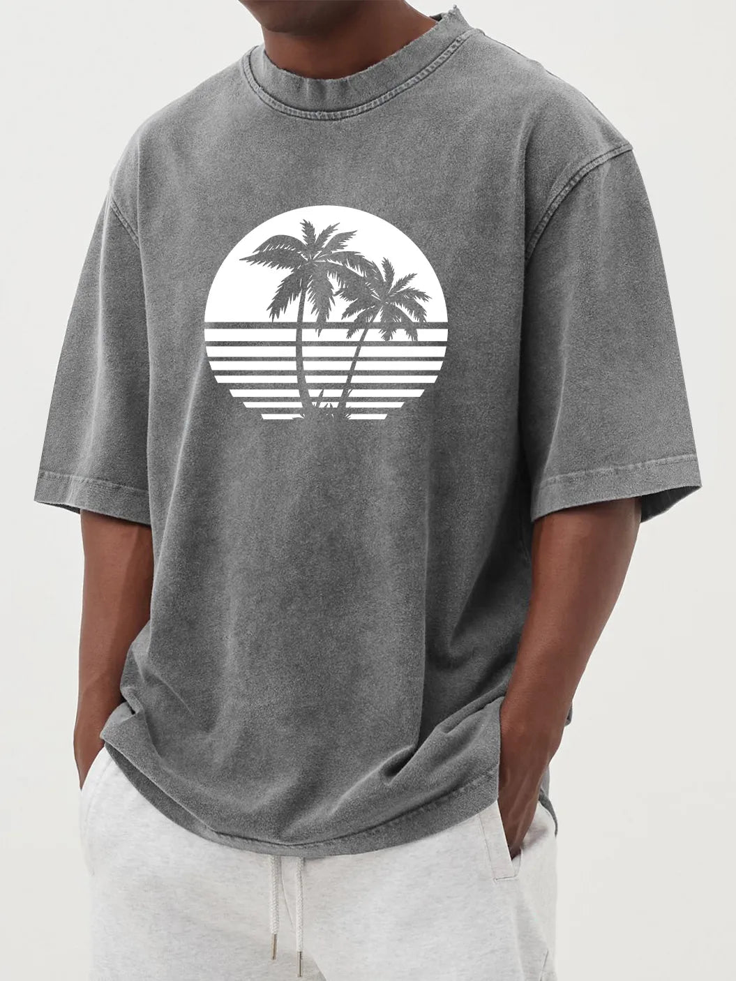 Vintage Washed Hawaiian Coconut Print Short Sleeve T-Shirt