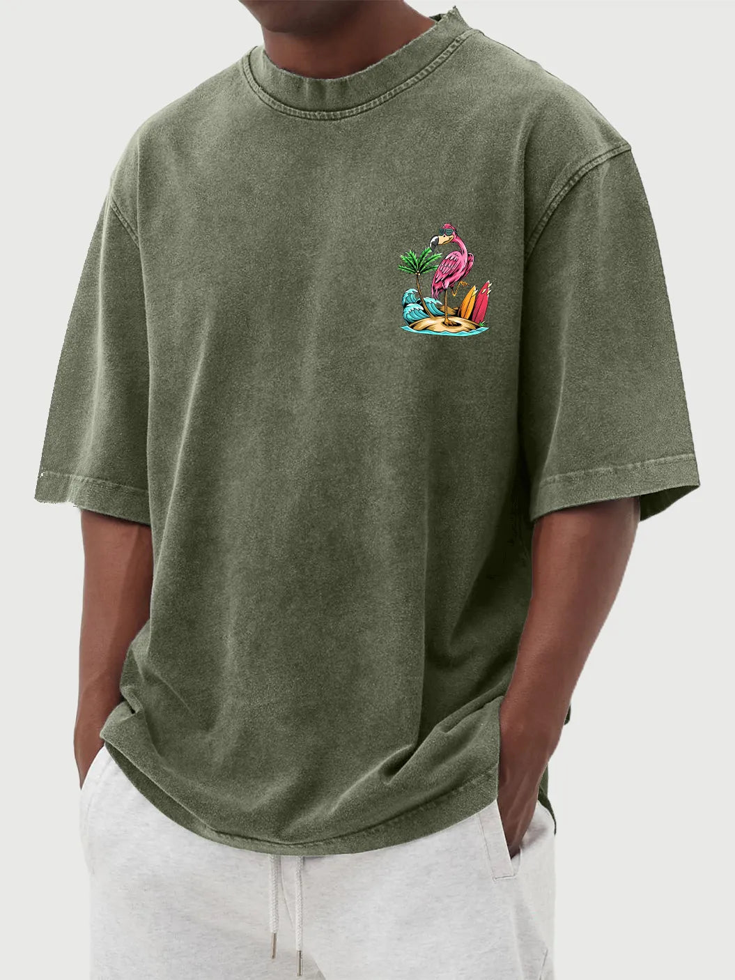 Vintage Washed Hawaiian Flamingo Print Short Sleeve T-Shirt