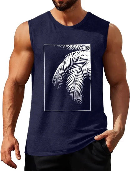 Hawaiian Solid Color Palm Leaf Print Sleeveless Tank Top