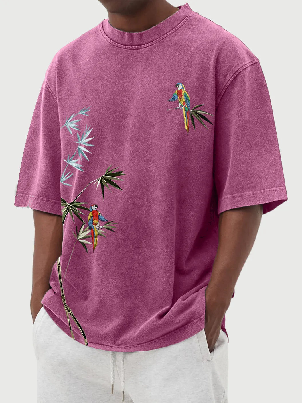 Hawaiian Bamboo Leaf And Parrot Print Short Sleeve T-Shirt