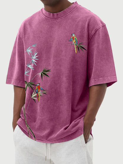 Hawaiian Bamboo Leaf And Parrot Print Short Sleeve T-Shirt