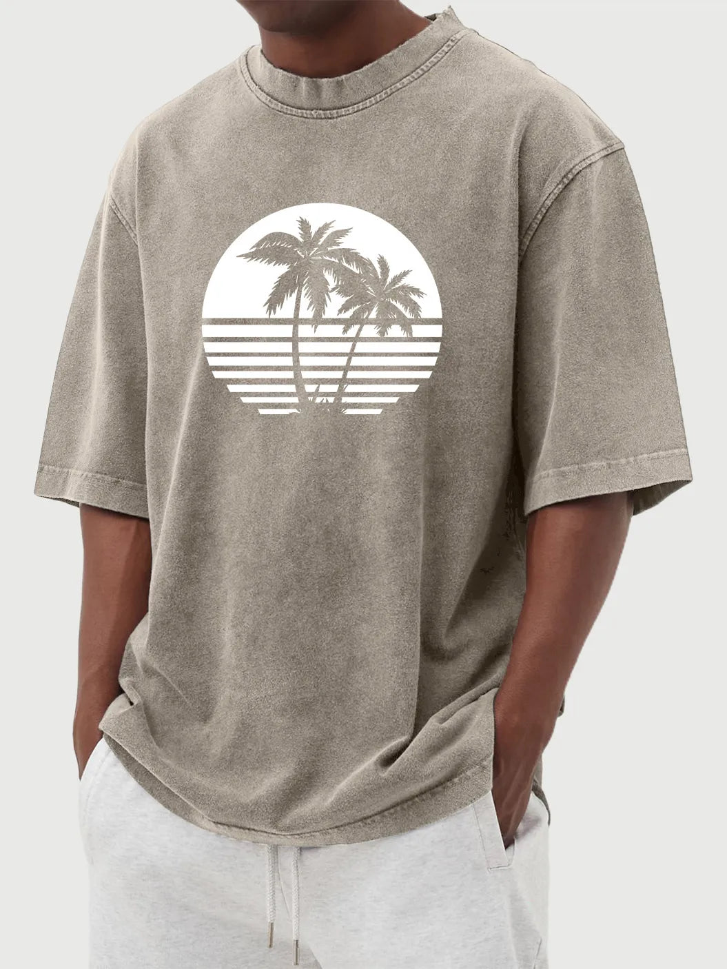 Vintage Washed Hawaiian Coconut Print Short Sleeve T-Shirt